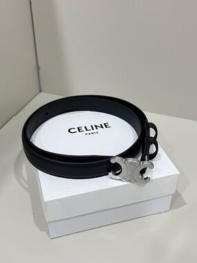 CELINE Black Leather Triomphe Buckle Belt